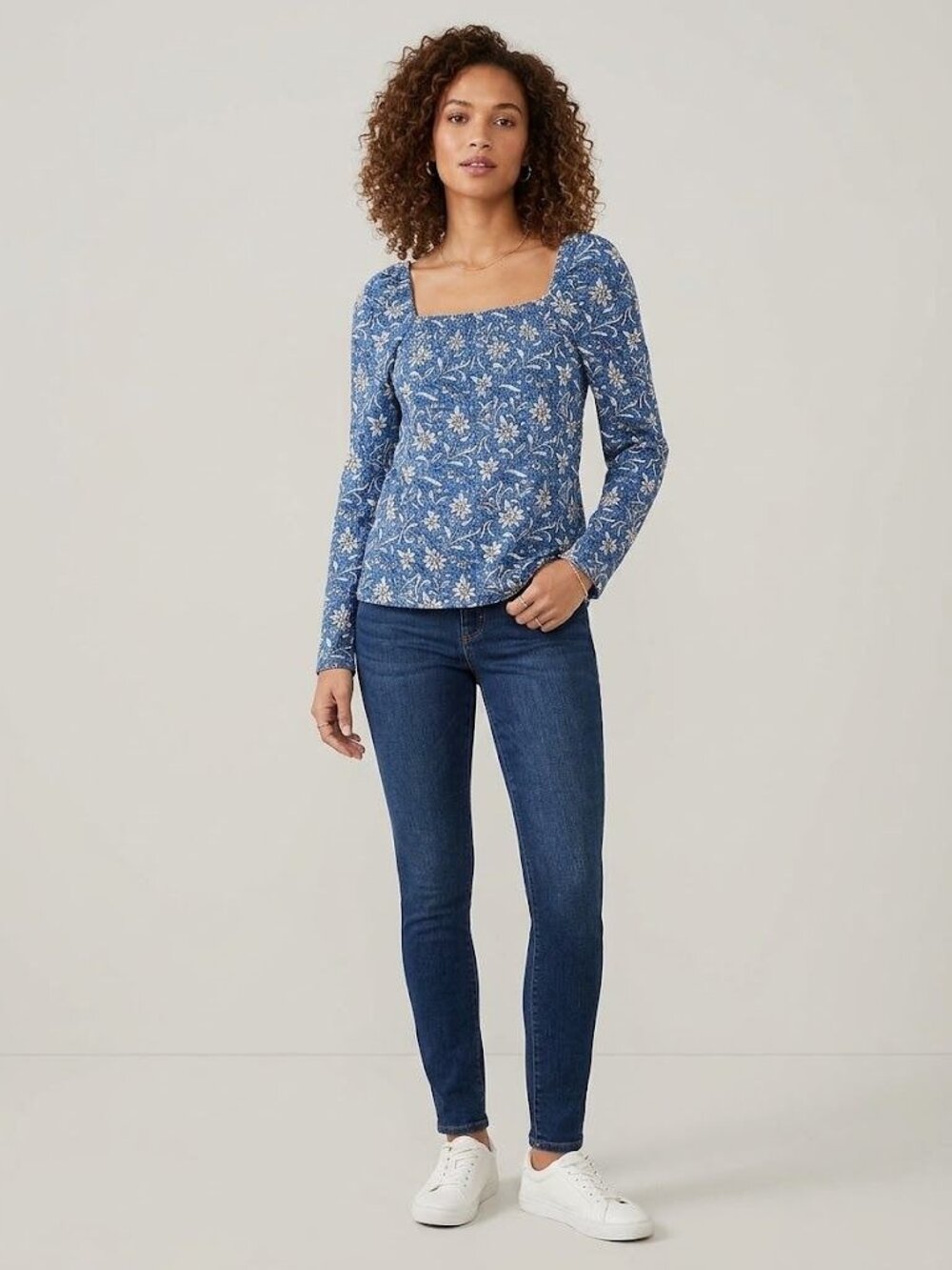 LOFT Womens Floral Smocked Blouse L Blue White Square Neck Puff Sleeve Boho Top